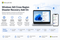 Windows 365 Cross Region Disaster Recovery Add-On promotional graphic showing Cloud PC replication across regions, business continuity, automatic failover, health monitoring, failback support, and technical setup guidance.