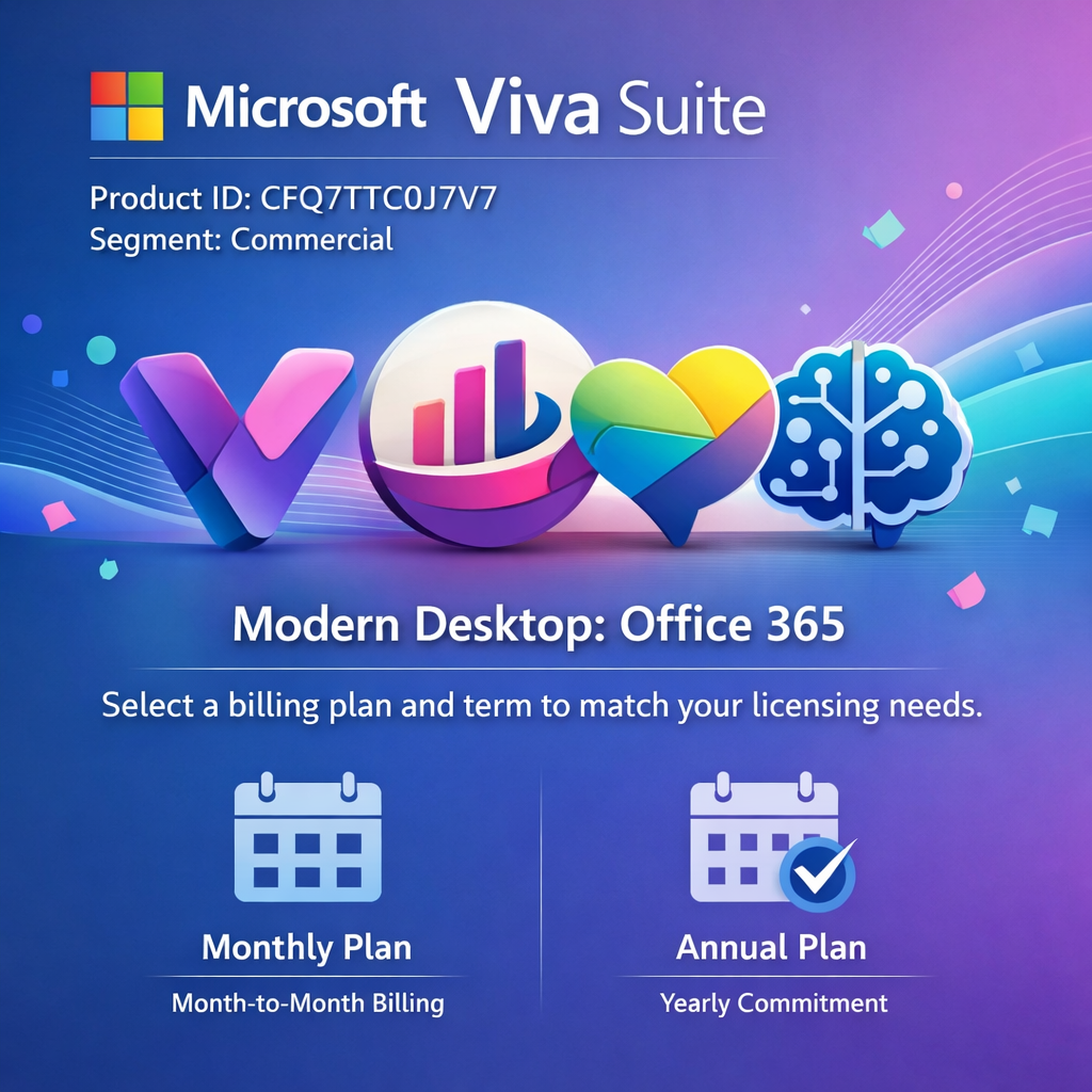 Microsoft Viva Suite advertisement with colorful icons and billing plan options on a blue and purple gradient background.