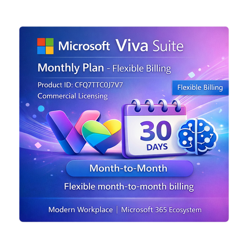 Microsoft Viva Suite promotional graphic with colorful design elements on a blue and purple background.