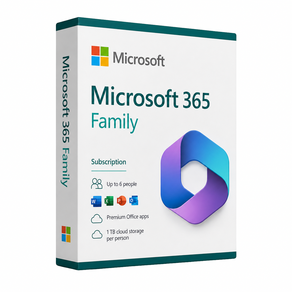 Microsoft 365 Family subscription package on a white background