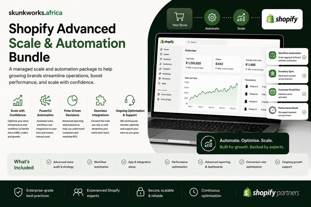 Skunkworks Africa Shopify Advanced Scale and Automation Bundle promotional graphic showing Shopify analytics, workflow automation, inventory sync, customer email flows, performance optimisation, integrations, reporting dashboards, and ongoing growth support.