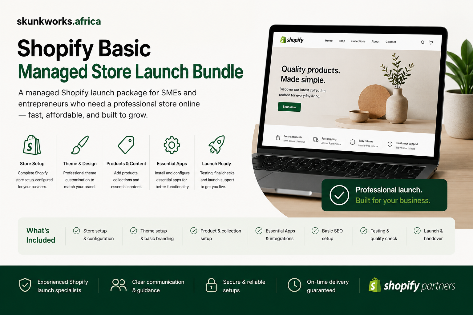 Skunkworks Africa Shopify Basic Managed Store Launch Bundle promotional graphic showing a Shopify online store, mobile storefront, store setup, theme design, product and content setup, essential app installation, payment and shipping setup, testing, and launch handover.