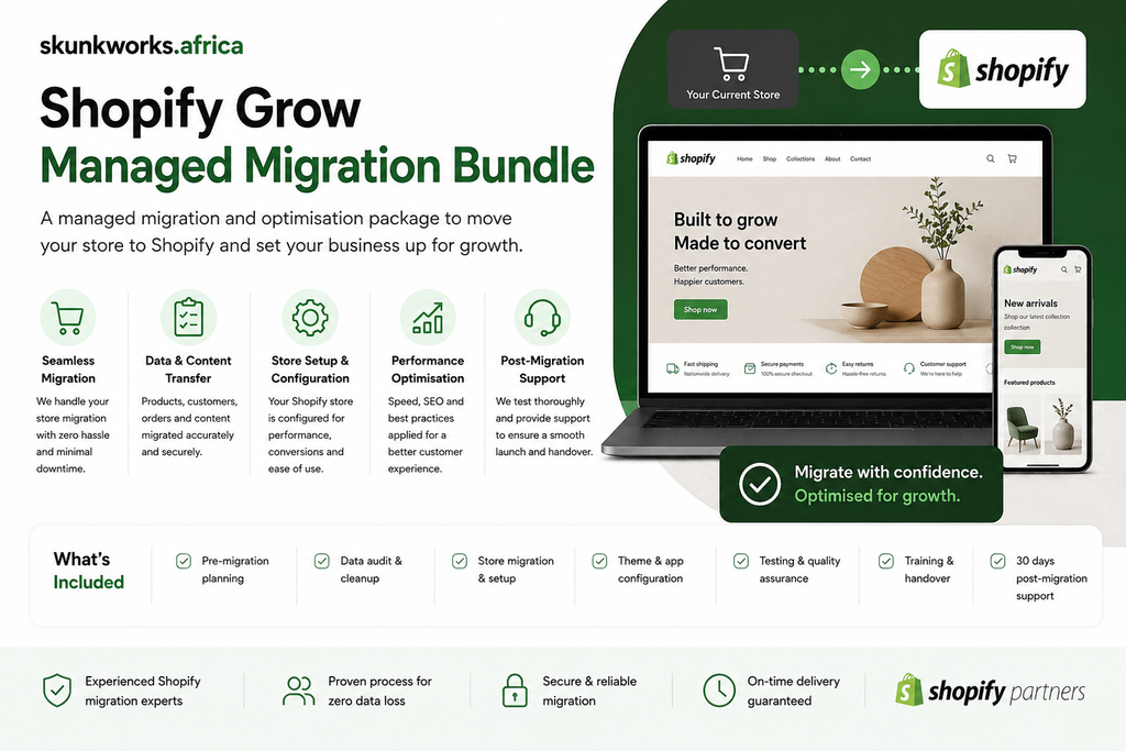 Skunkworks Africa Shopify Grow Managed Migration Bundle promotional graphic showing store migration to Shopify, data and content transfer, store setup, performance optimisation, testing, training, and post-migration support.