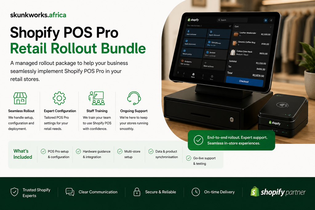 Skunkworks Africa Shopify POS Pro Retail Rollout Bundle promotional graphic showing a Shopify point-of-sale setup, retail checkout screen, POS hardware, expert configuration, staff training, multi-store setup, and go-live support.