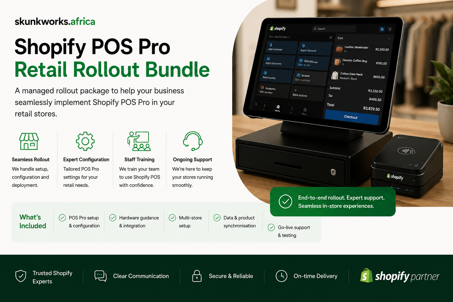 Skunkworks Africa Shopify POS Pro Retail Rollout Bundle promotional graphic showing a Shopify point-of-sale setup, retail checkout screen, POS hardware, expert configuration, staff training, multi-store setup, and go-live support.