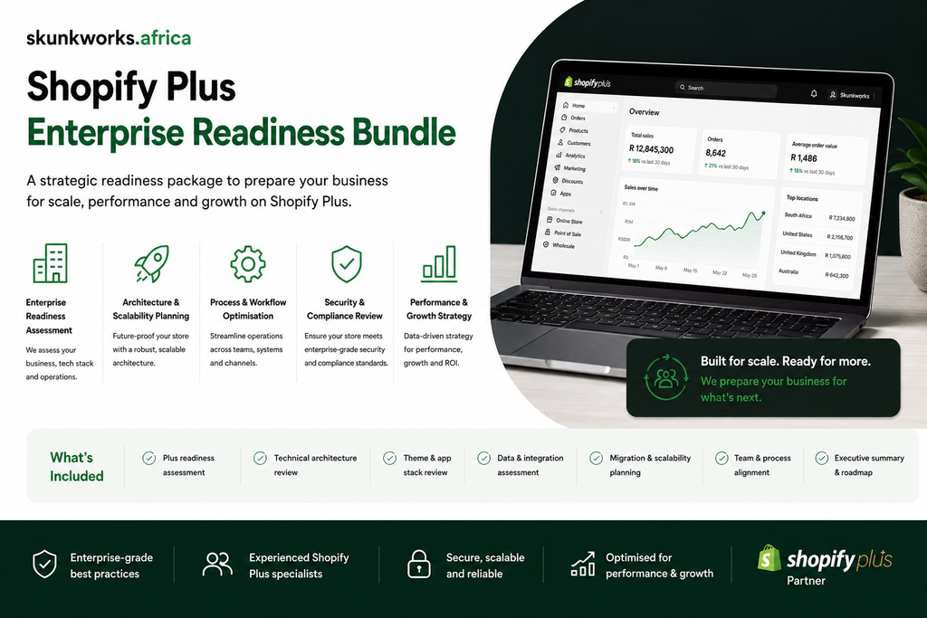 Skunkworks Africa Shopify Plus Enterprise Readiness Bundle promotional graphic showing a Shopify Plus dashboard, enterprise readiness assessment, architecture and scalability planning, workflow optimisation, security review, performance strategy, and migration planning.