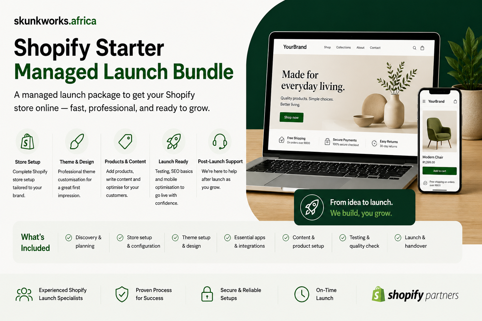 Skunkworks Africa Shopify Starter Managed Launch Bundle promotional graphic showing a Shopify starter store launch, store setup, theme design, product and content setup, testing, launch handover, and post-launch support.