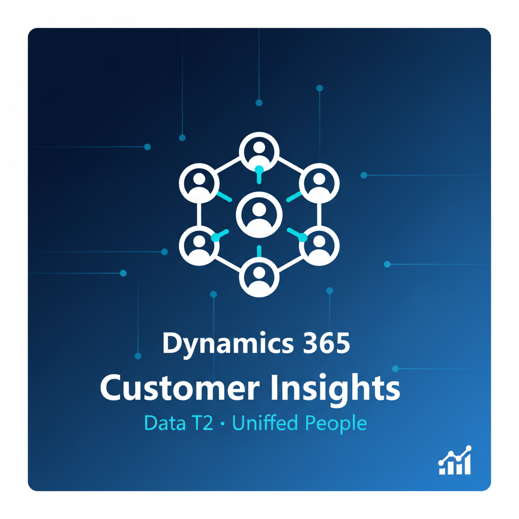 A square blue graphic with a dark blue gradient background, featuring a white network icon of connected people at the top and the text 'Dynamics 365 Customer Insights' and 'Data T2 • Unified People' in white and light blue. A small white chart icon appears in the bottom right corner.