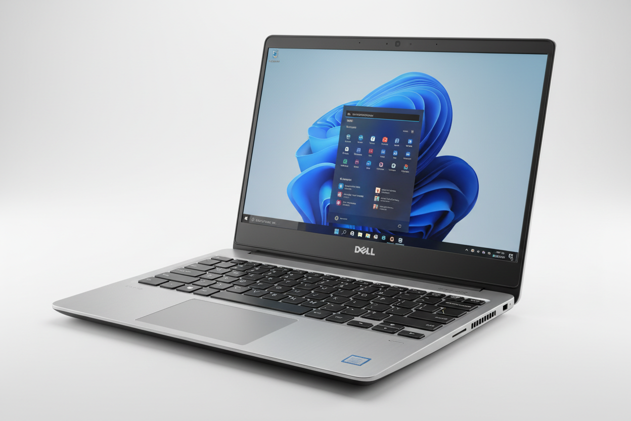 A silver Dell laptop with a black keyboard and screen bezel, shown open at an angle on a light gray studio background. The screen displays the Windows 11 desktop with a blue abstract wallpaper.