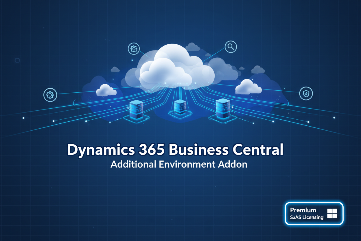 Digital graphic for 'Dynamics 365 Business Central Additional EnvironmentAddon' featuring a central white cloud, blue server towers, and network lines on a dark blue grid background, with a 'Premium SaaS Licensing' badge in the bottom right.