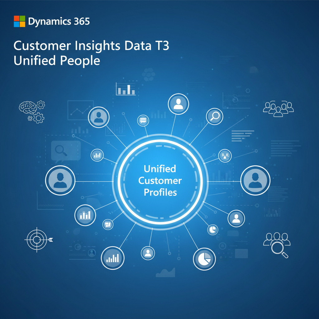 A blue promotional graphic for Dynamics 365 Customer Insights Data T3 Unified People, featuring a central circular diagram with white icons and text around unified customer profiles.