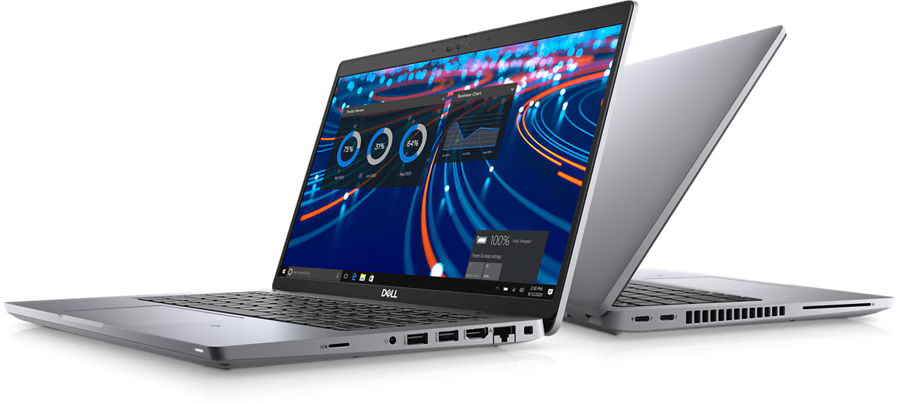 Two open laptops with a colorful display on a white background