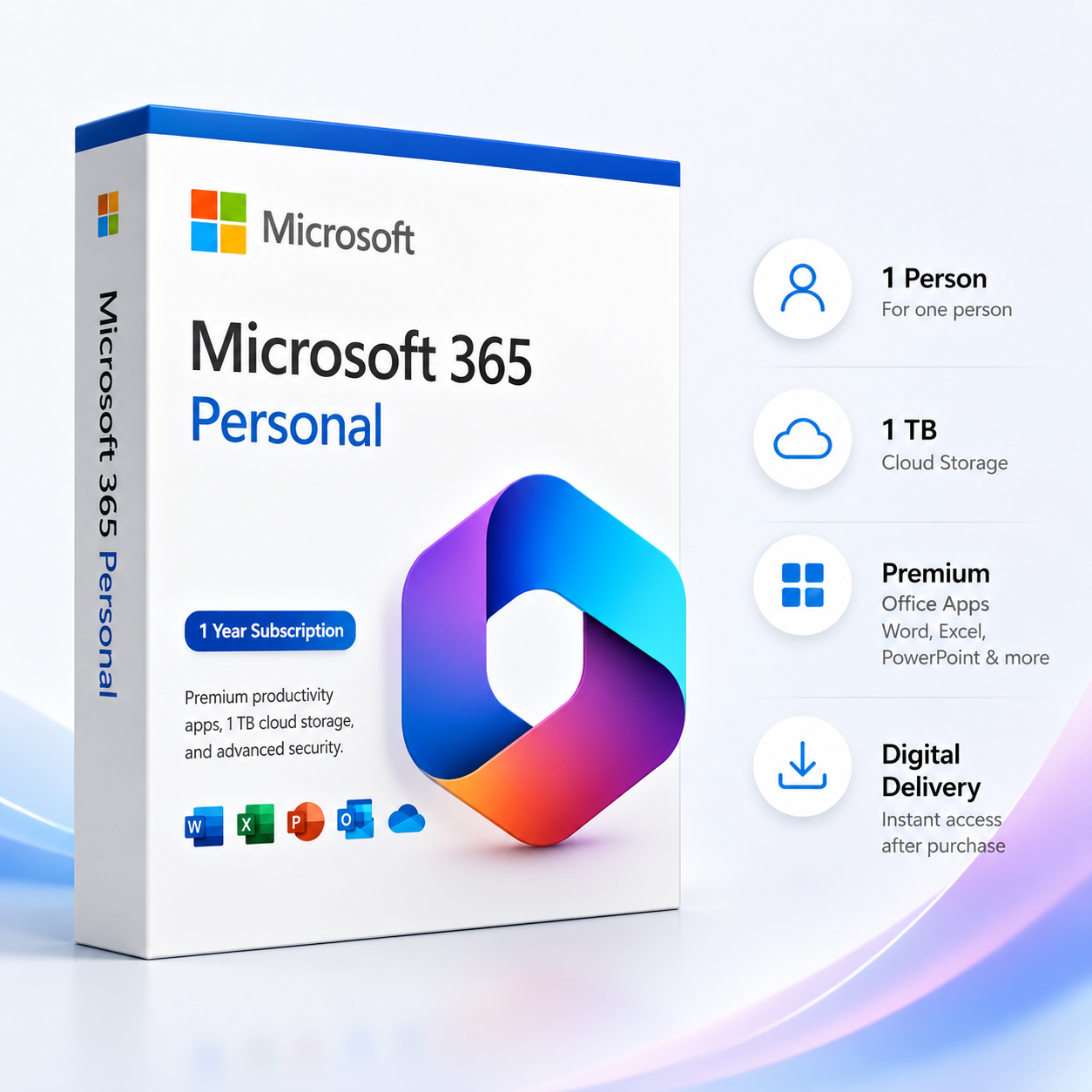 Microsoft 365 Personal 1 year subscription digital license with 1 TB OneDrive cloud storage and premium Office apps