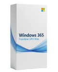 Realistic 3D enterprise software box for Windows 365 Frontline GPU Max.
Tall premium software packaging, white with subtle Microsoft blue wave accents.
Microsoft logo top right, centered Windows 365, subtitle Frontline GPU Max.
Fluent-style typography, soft studio lighting, white background, enterprise-grade look.