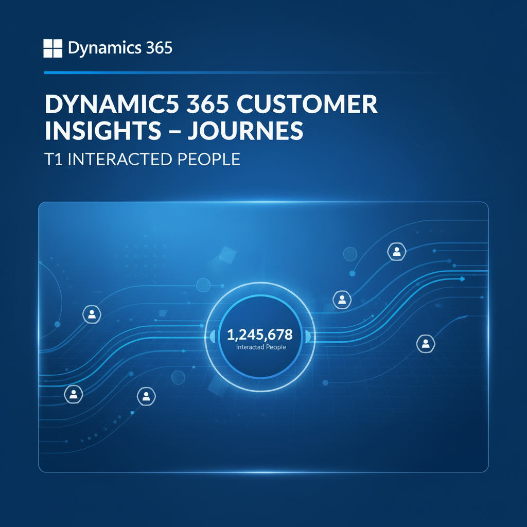 A blue promotional graphic for Dynamics 365 Customer Insights - Journeys, showing the Dynamics 365 logo, product title text, and a central dashboard-style illustration with connected user icons and a highlighted count of 1,245,678 interacted people.