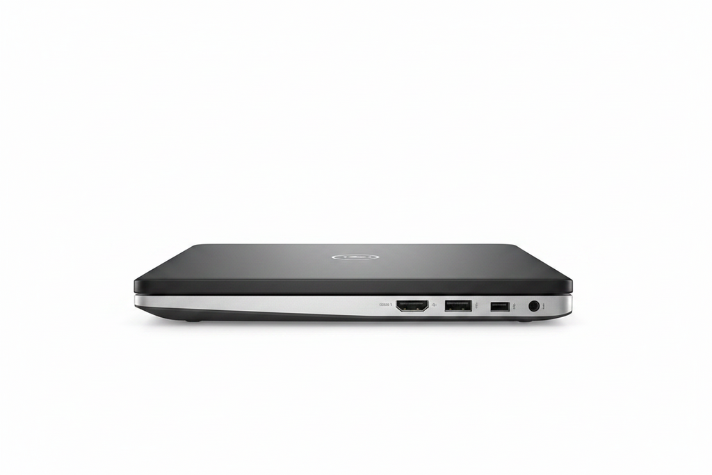 A sleek, closed laptop shown from the side profile against a solid white background, featuring a dark gray top cover with a subtle logo in the center and a silver metallic base.