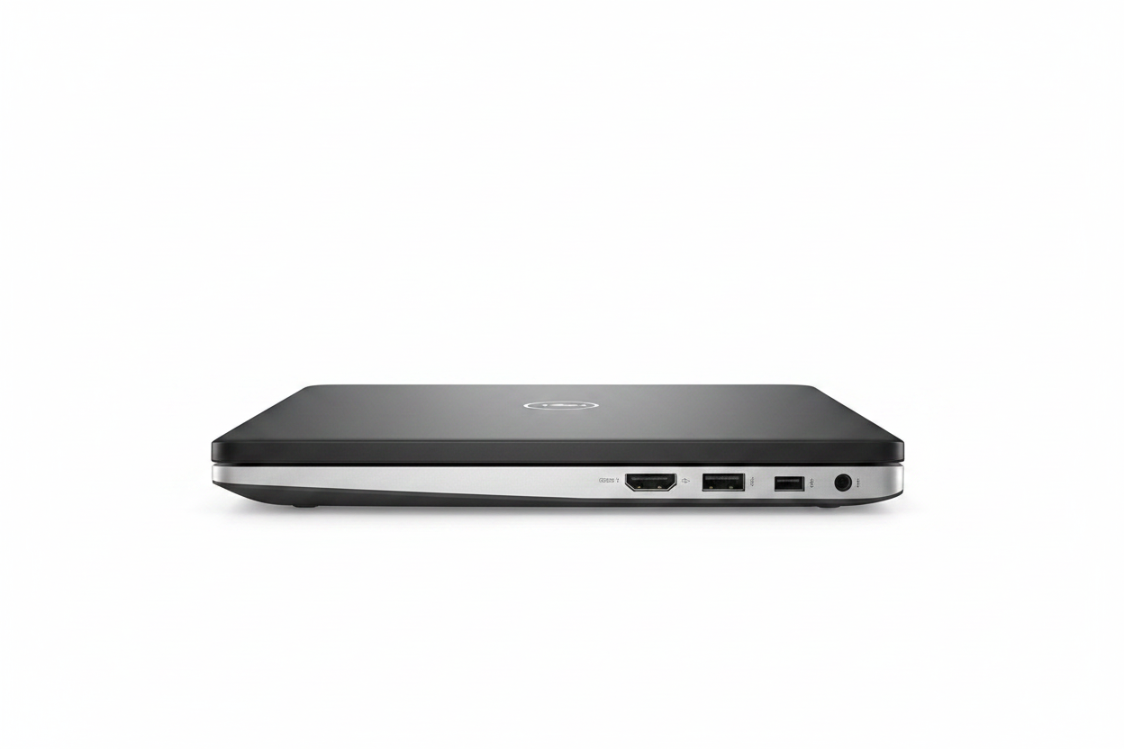 A sleek, closed laptop shown from the side profile against a solid white background, featuring a dark gray top cover with a subtle logo in the center and a silver metallic base.