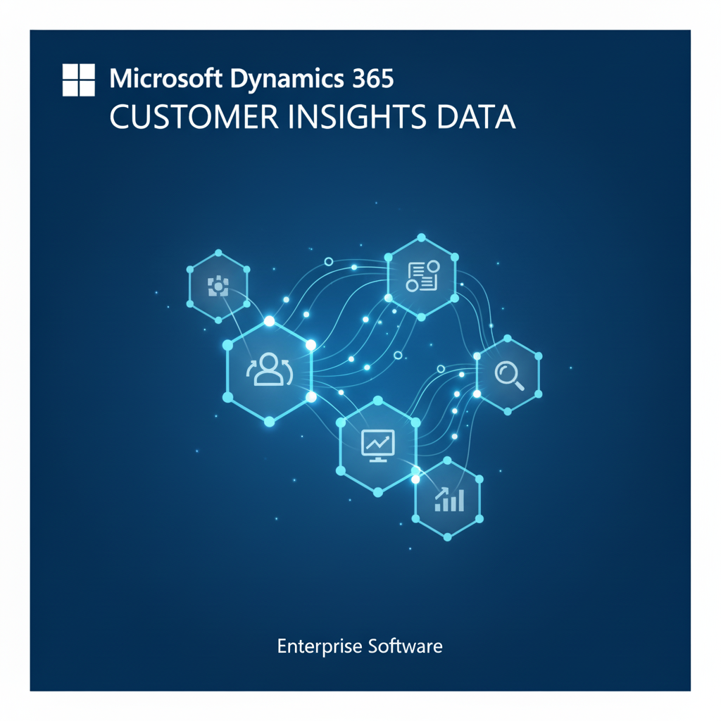 Microsoft Dynamics 365 Customer Insights Data enterprise software cover graphic on a dark blue background with white text and a central network-style icon illustration.